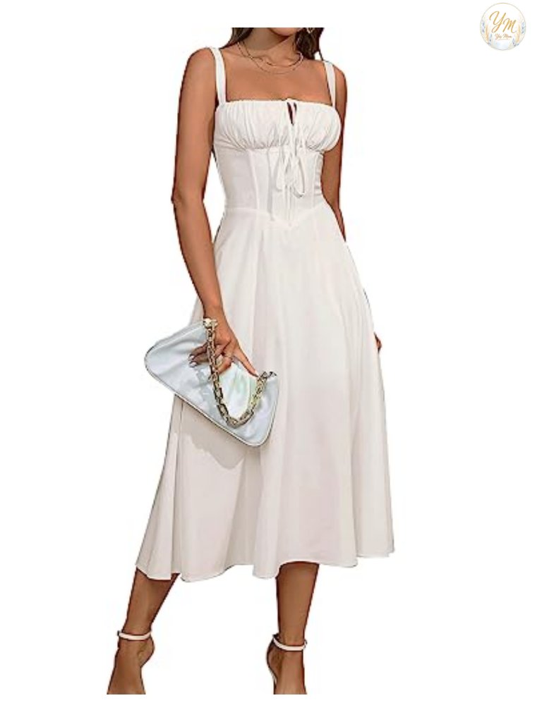 Corset Midi Dress Square Collar Sleeveless Lace Up Back Slit A-Line